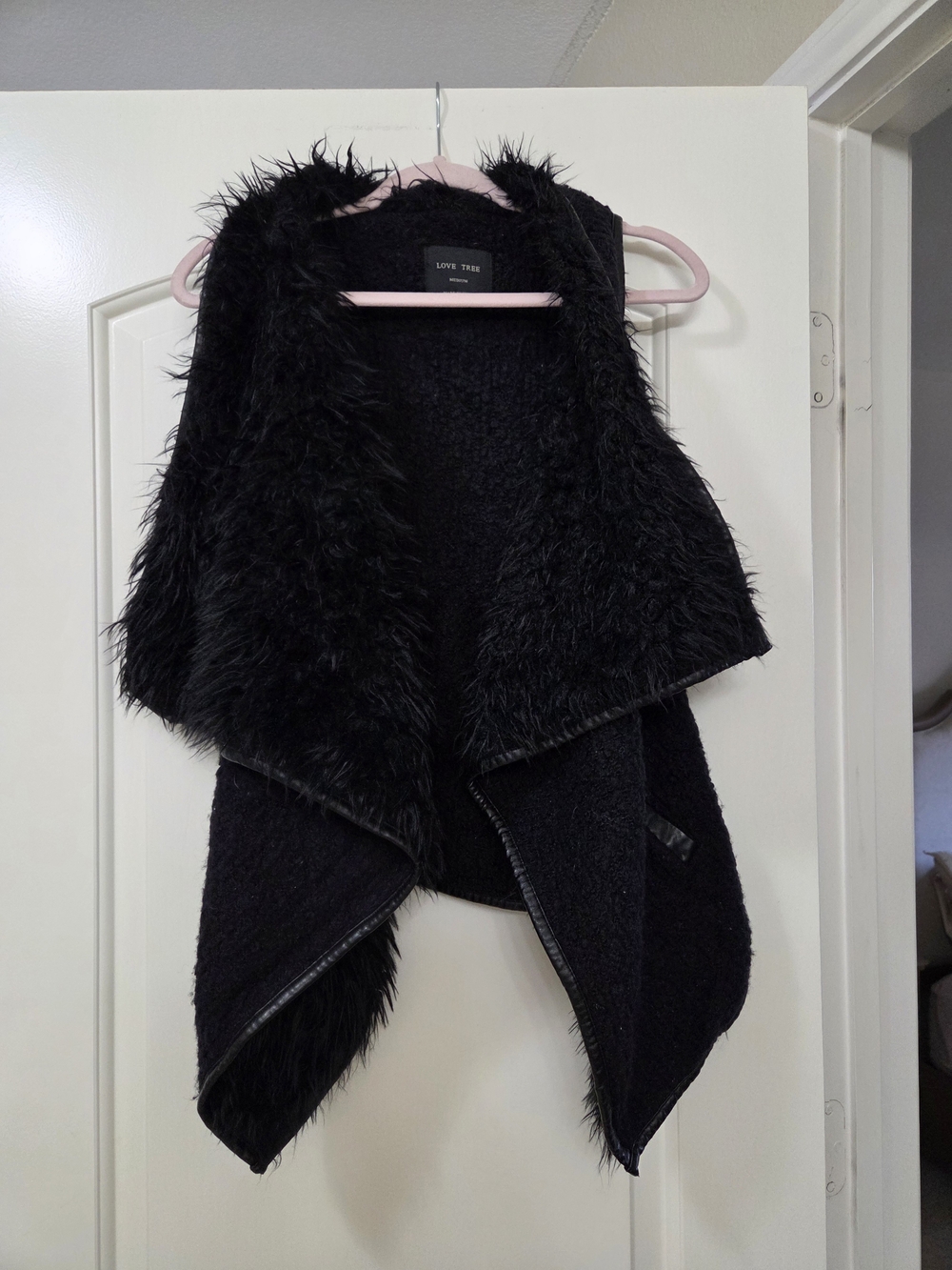 Love Tree Black Faux-Fur Draped Vest